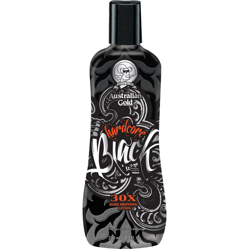 Australian Gold Hardcore Bronze 30X dark bronzing lotion in black bottle with koala logo