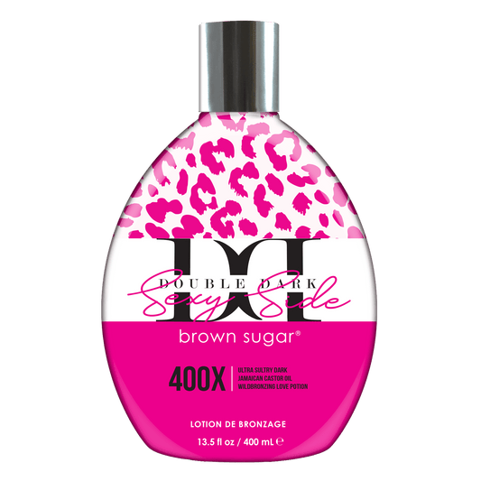 Brown Sugar Double Dark Sexy Side 400X ultra dark tan cream with pink leopard print bottle