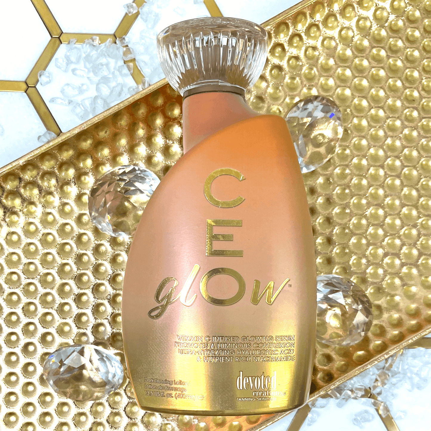 Cream for solarium Devoted Creations CE Glow, Golden Bronzing Serum for fast tan and ultra-hydration, 400 ml