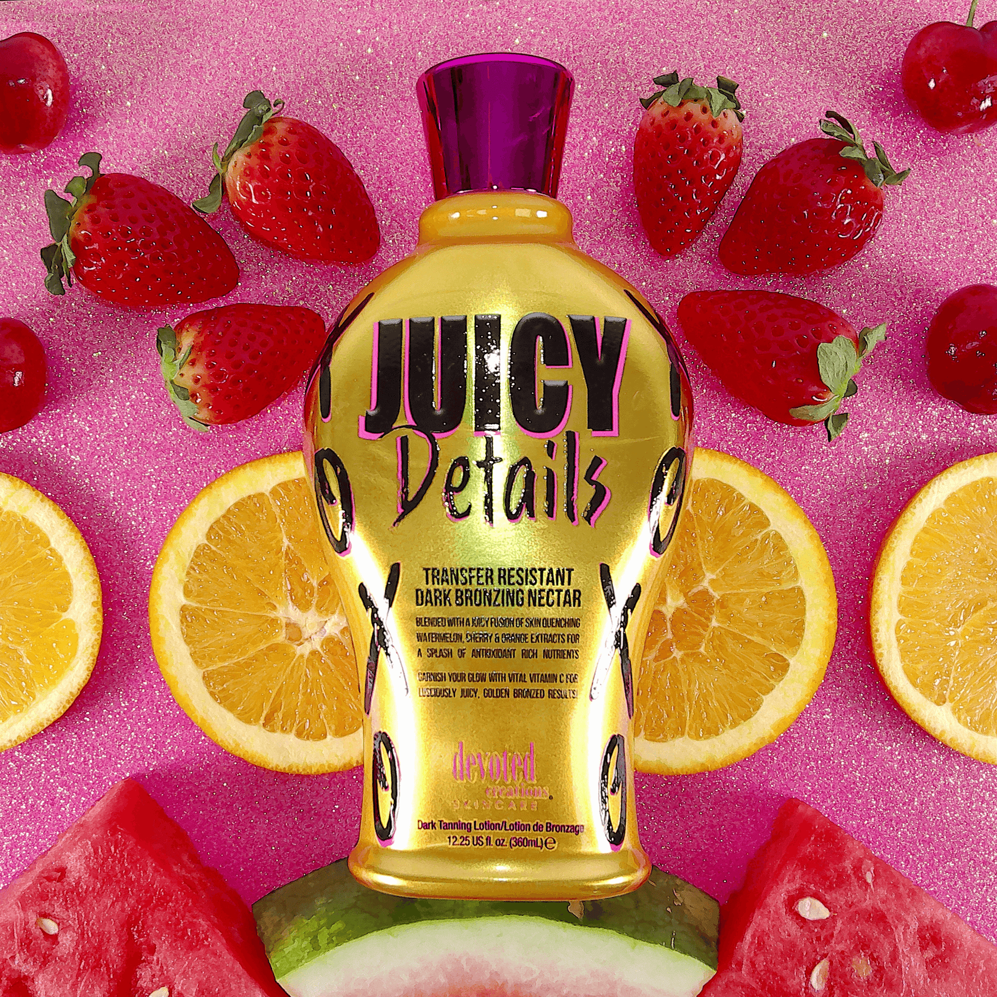 Cream for solarium Devoted Creations Juicy Details for instant ultra-dark tan, anti-aging, anti-cellulite effect, 360 ml