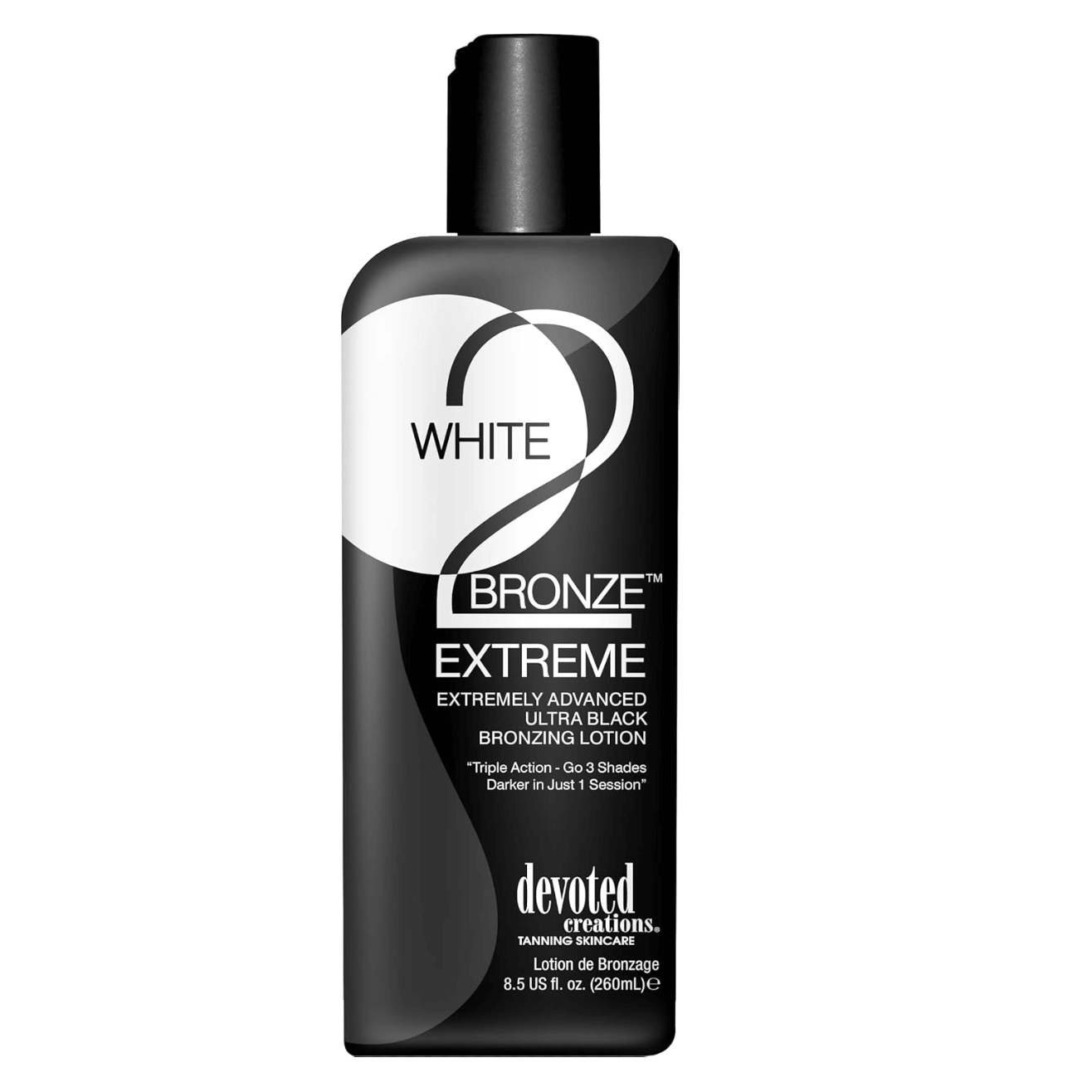 Cream for solarium Devoted Creations White 2 Black Extreme Ultra-Black Bronzer for deep tan and hydrated skin, 260 ml
