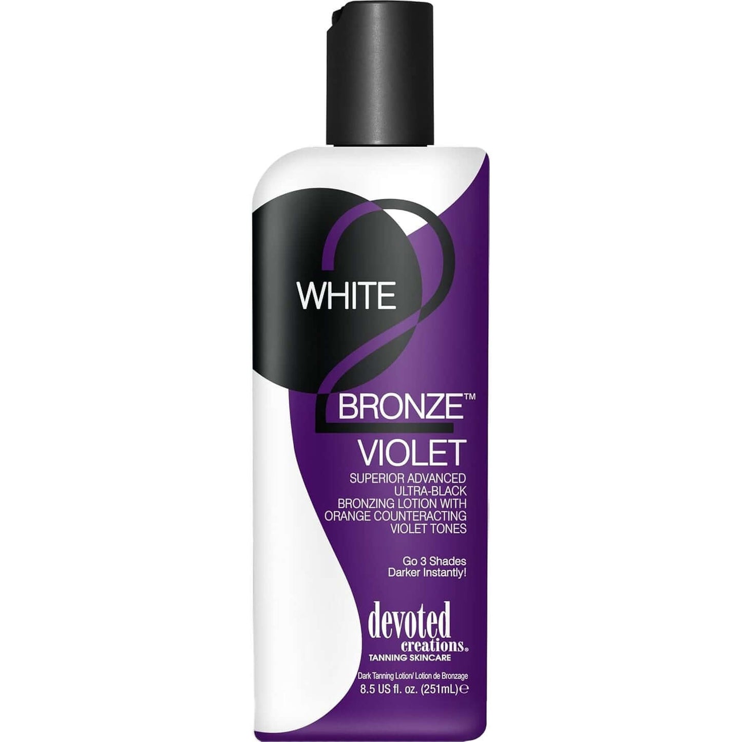 Cream for solarium Devoted Creations White 2 Black Violet Ultra-Black Tan Lotion with orange counteracting violet tones, 251 ml