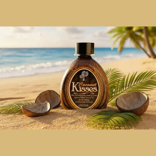 Ed Hardy Coconut Kisses golden tanning lotion on sandy beach with cracked coconut