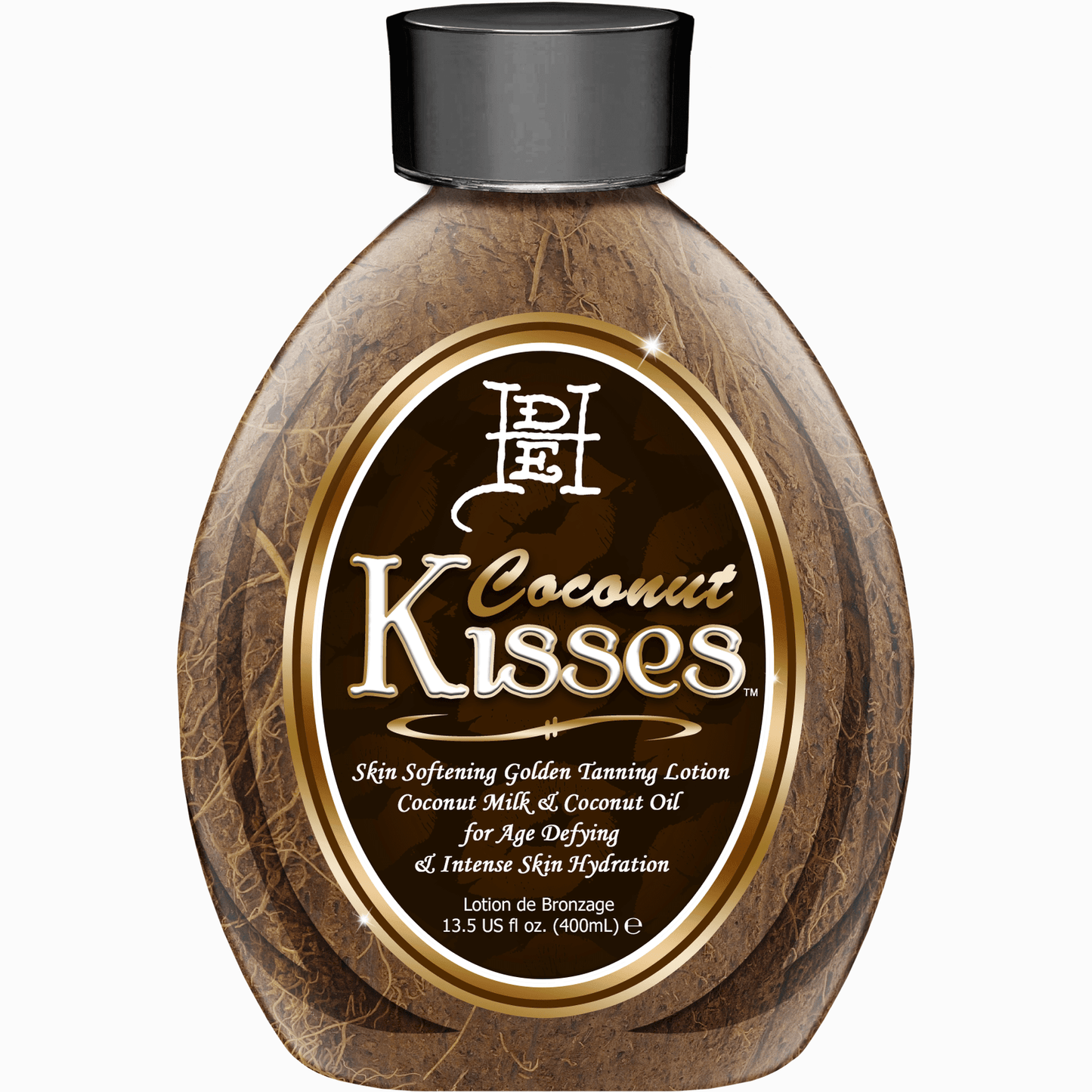 Ed Hardy Coconut Kisses tanning lotion bottle with coconut husk texture and gold label