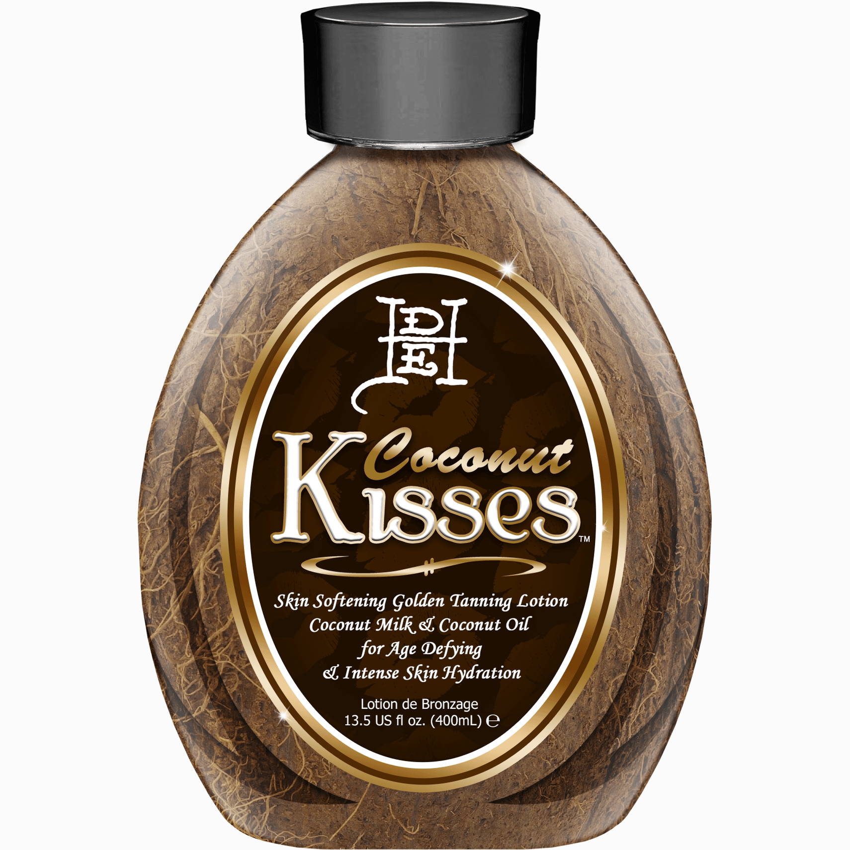 Ed Hardy Coconut Kisses tanning lotion bottle with coconut husk texture and gold label