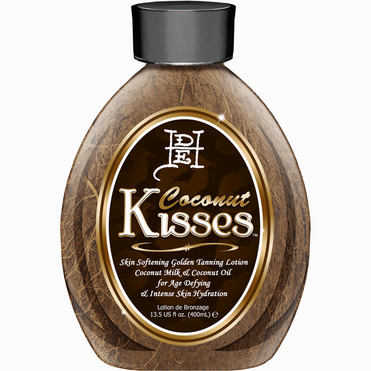 Ed Hardy Coconut Kisses tanning lotion bottle with coconut husk texture and gold label