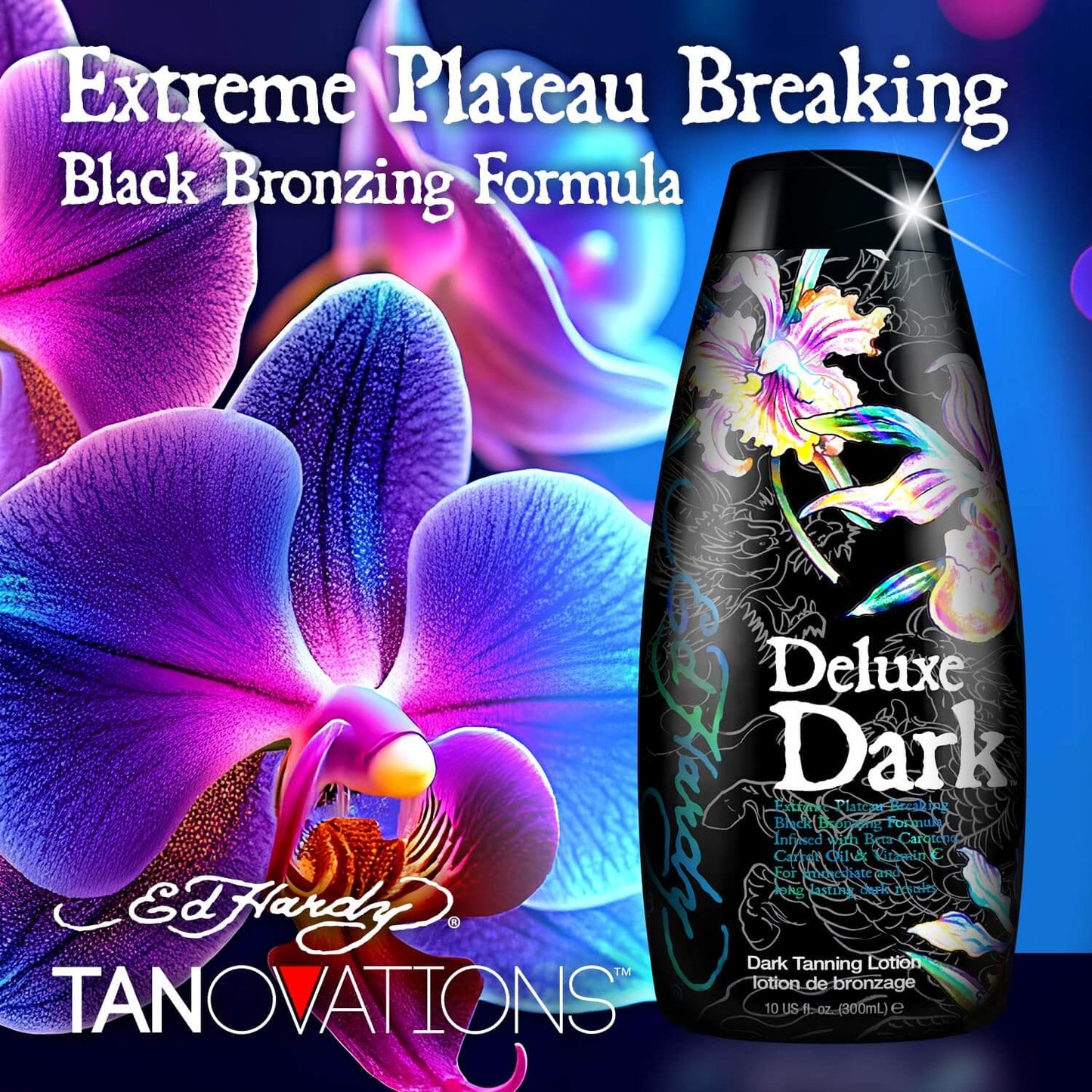 Cream for solarium Ed Hardy Deluxe Dark with Beta-Carotene, Carrot Oil, Vitamin C for deep tan and nourished skin, 300 ml