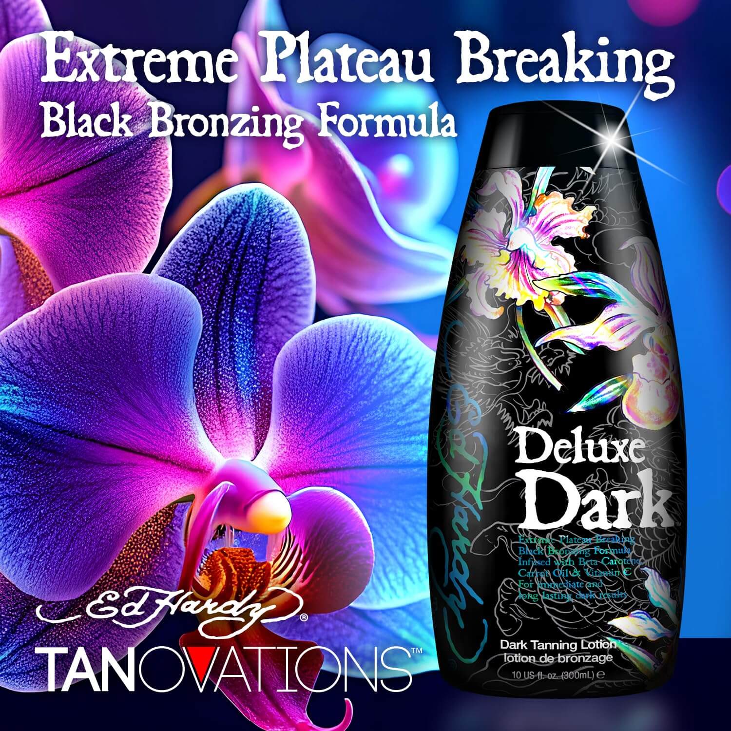Cream for solarium Ed Hardy Deluxe Dark with Beta-Carotene, Carrot Oil, Vitamin C for deep tan and nourished skin, 300 ml