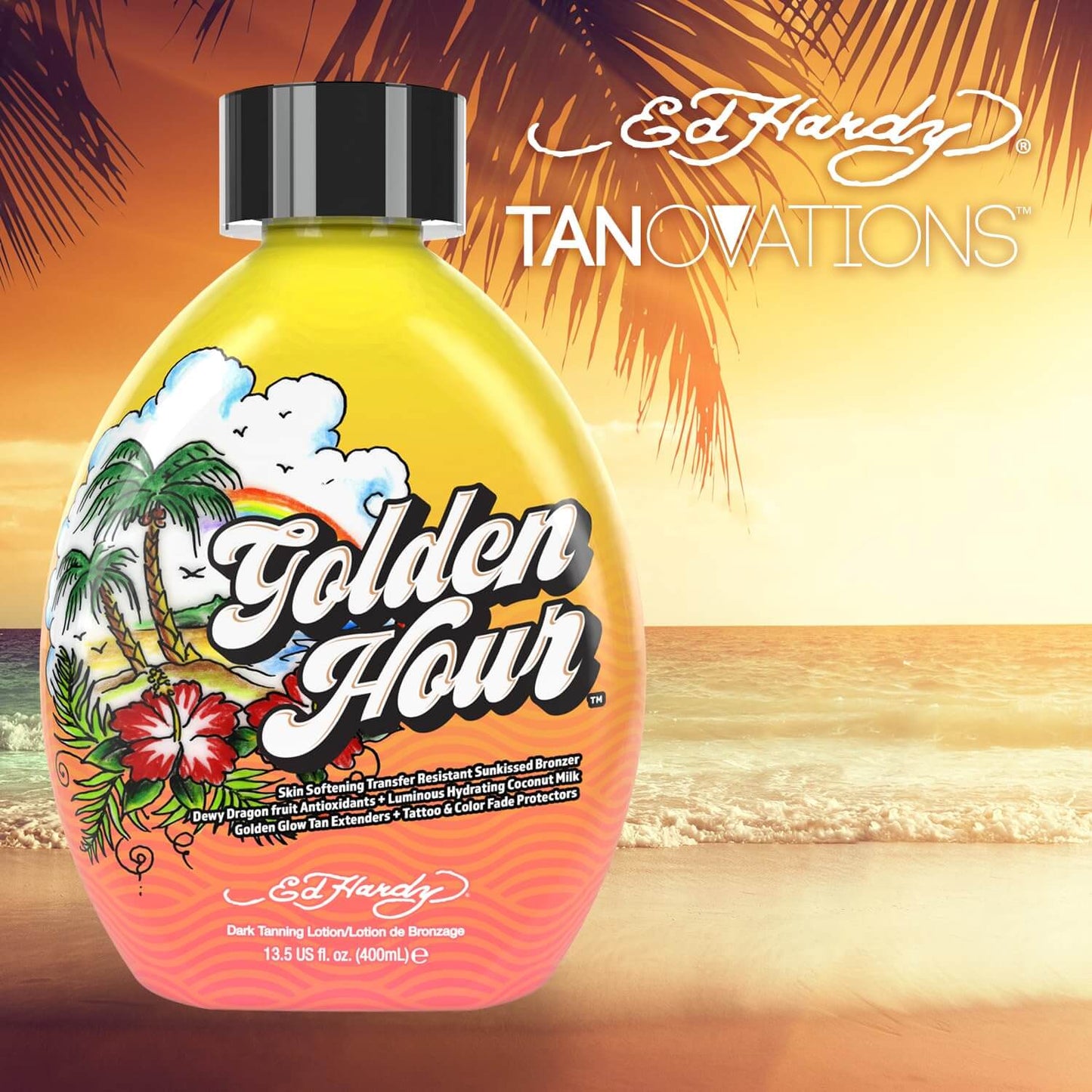 Cream for solarium Ed Hardy Golden Hour for bronze tan, with maracuja, dragon fruit, coconut milk, 400 ml