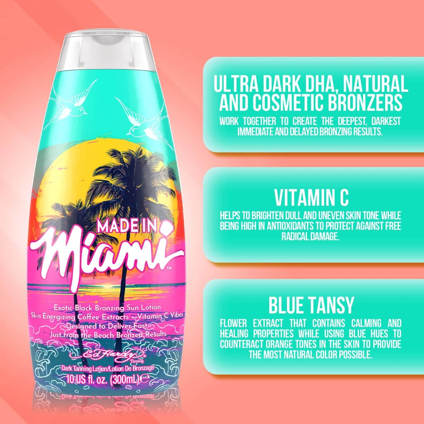 Cream for solarium Ed Hardy Made in Miami for Exotic Black Tan, skin energizing Coffee Extracts, Vitamin C, 300 ml