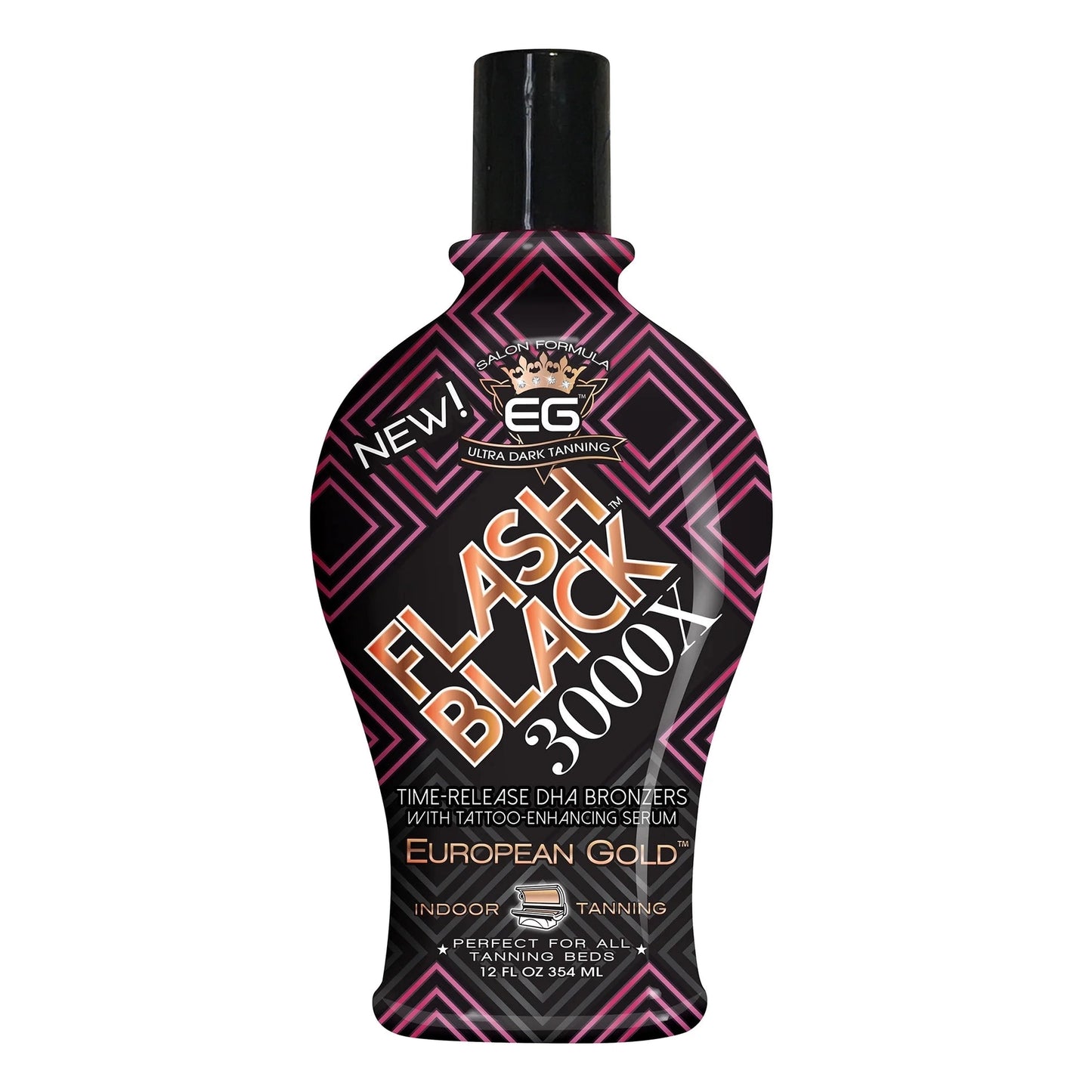 Cream for solarium European Gold FLASH BLACK 3000X for dark chocolate tan, with tattoo-enhancing serum, 354 ml