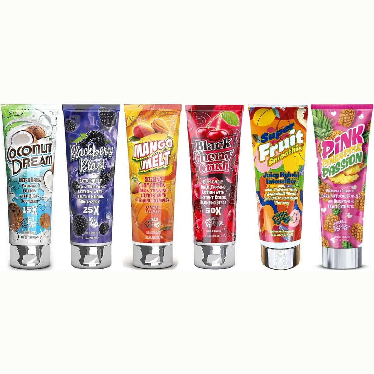 Fiesta Sun tanning lotion variety pack with Coconut Dream, Blackberry Blast, Mango Melt and other fruit scents