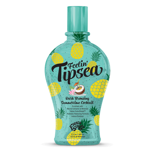 Fiesta Sun Feelin' Tipsea dark bronzing lotion with marine extracts and tattoo color shield in teal bottle