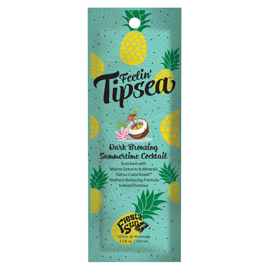 Fiesta Sun Feelin' Tipsea dark bronzing lotion sachet with tropical pineapple design and marine extracts