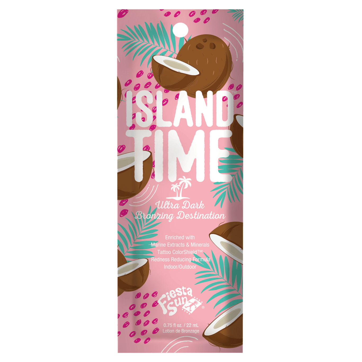 Fiesta Sun Island Time Ultra Dark Bronzing Lotion 22ml sachet with tropical coconut and palm leaf design