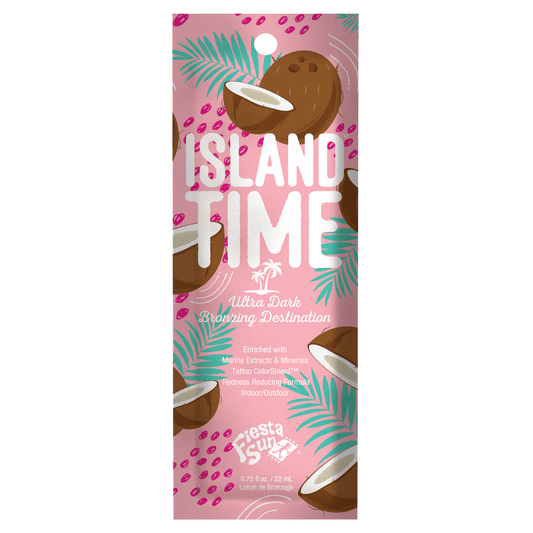 Fiesta Sun Island Time Ultra Dark Bronzing Lotion 22ml sachet with tropical coconut and palm leaf design