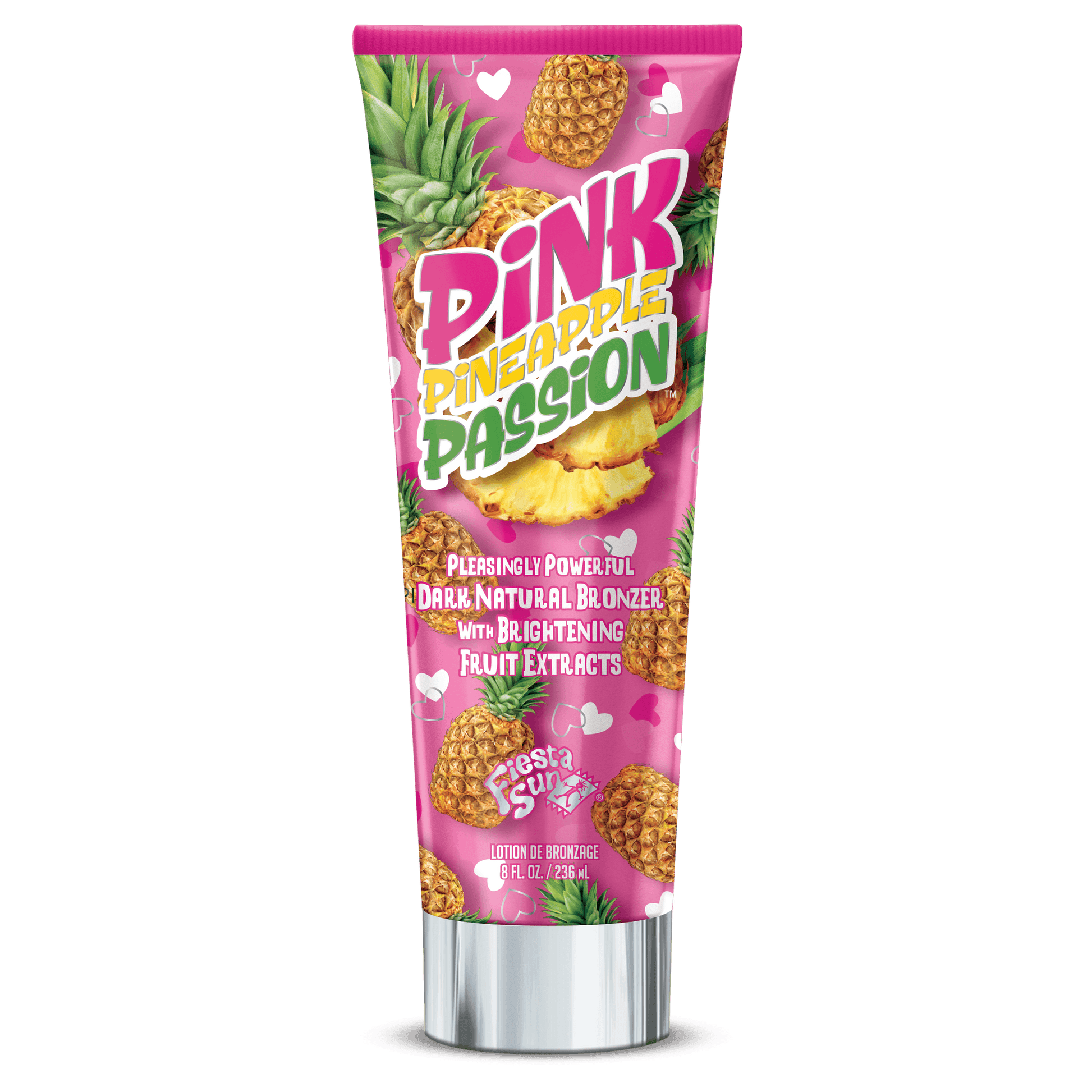 Fiesta Sun Pink Pineapple Passion tanning cream with pineapple design and silver cap