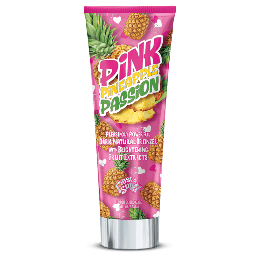 Fiesta Sun Pink Pineapple Passion tanning cream with pineapple design and silver cap