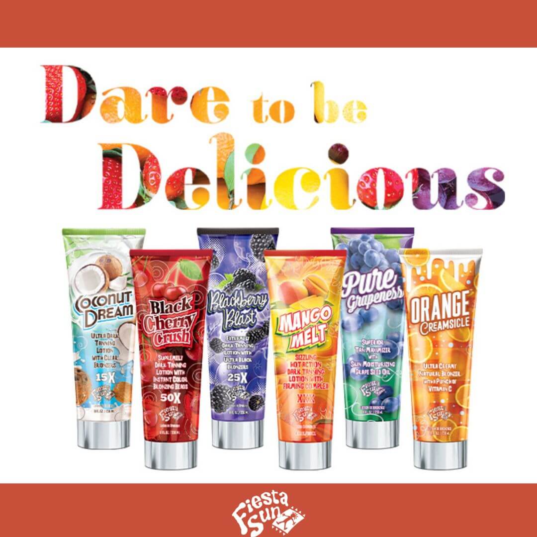 Fiesta Sun Dare to be Delicious collection of six fruit-flavored tanning lotion tubes