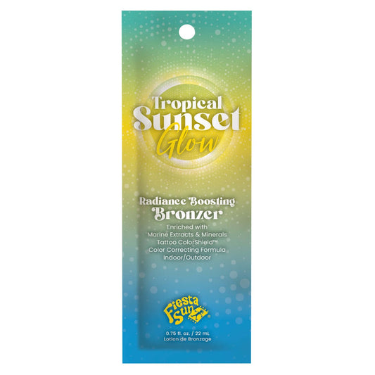 Fiesta Sun Tropical Sunset Glow bronzing lotion sachet with marine extracts and ColorShield technology
