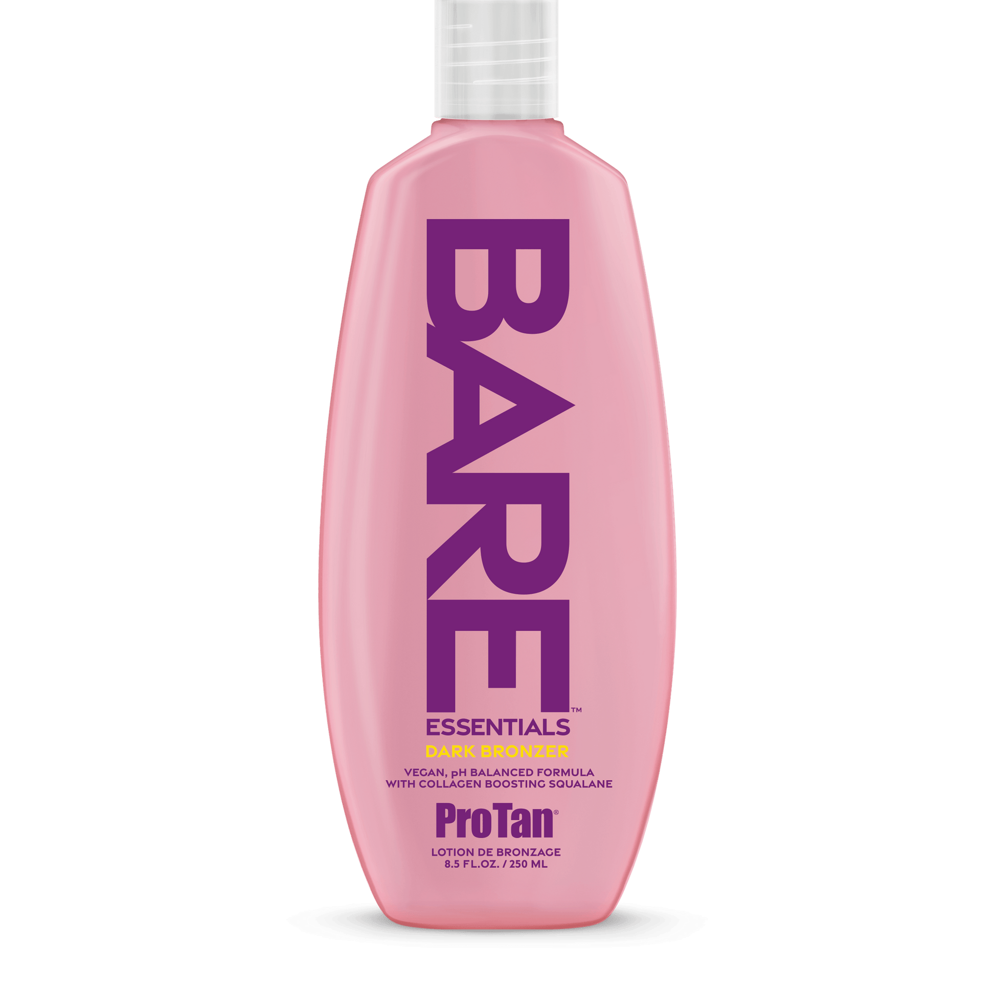 Pro Tan Bare Essentials Dark Bronzer cream in pink bottle with vegan collagen boosting formula