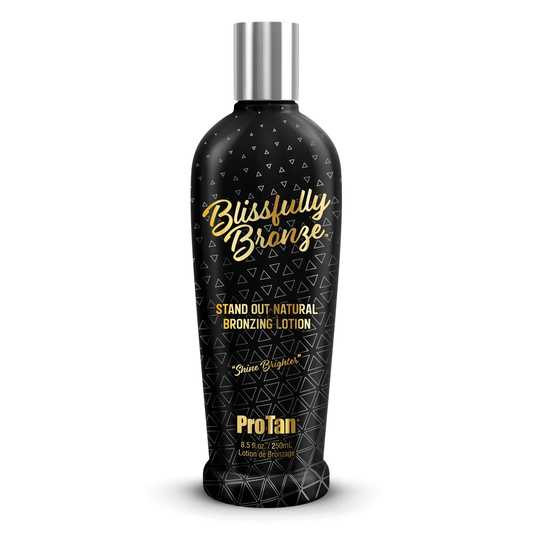 Pro Tan Blissfully Bronze natural bronzing lotion in black bottle with silver cap