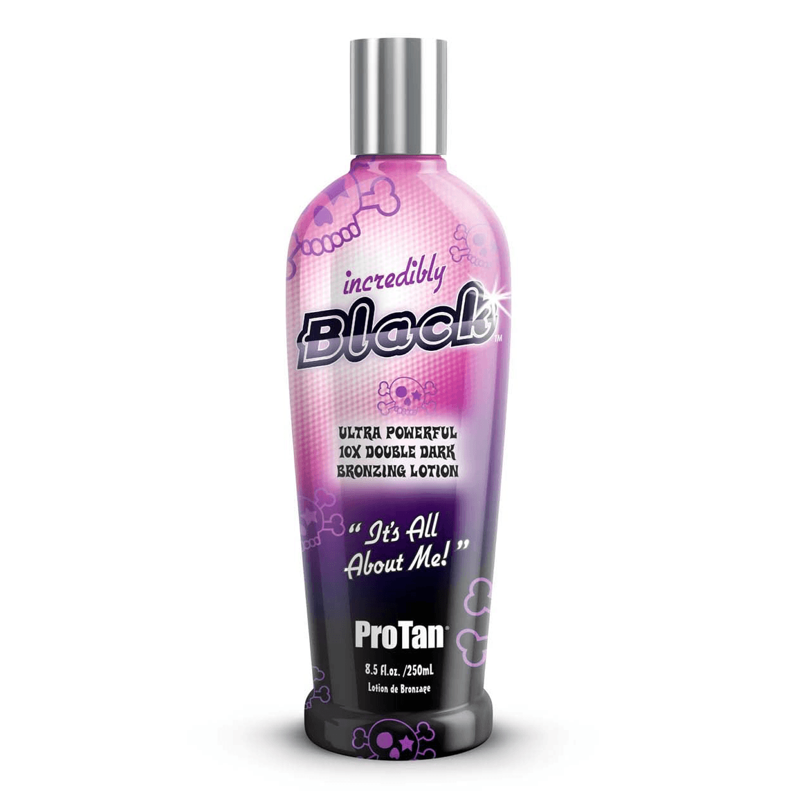 Pro Tan Incredibly Black ultra powerful 10X double dark bronzing lotion bottle with skull motifs