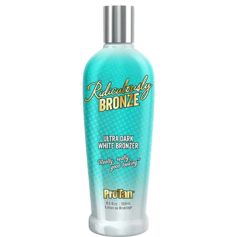 Pro Tan Ridiculously Bronze ultra dark white bronzer cream in teal bottle with silver cap