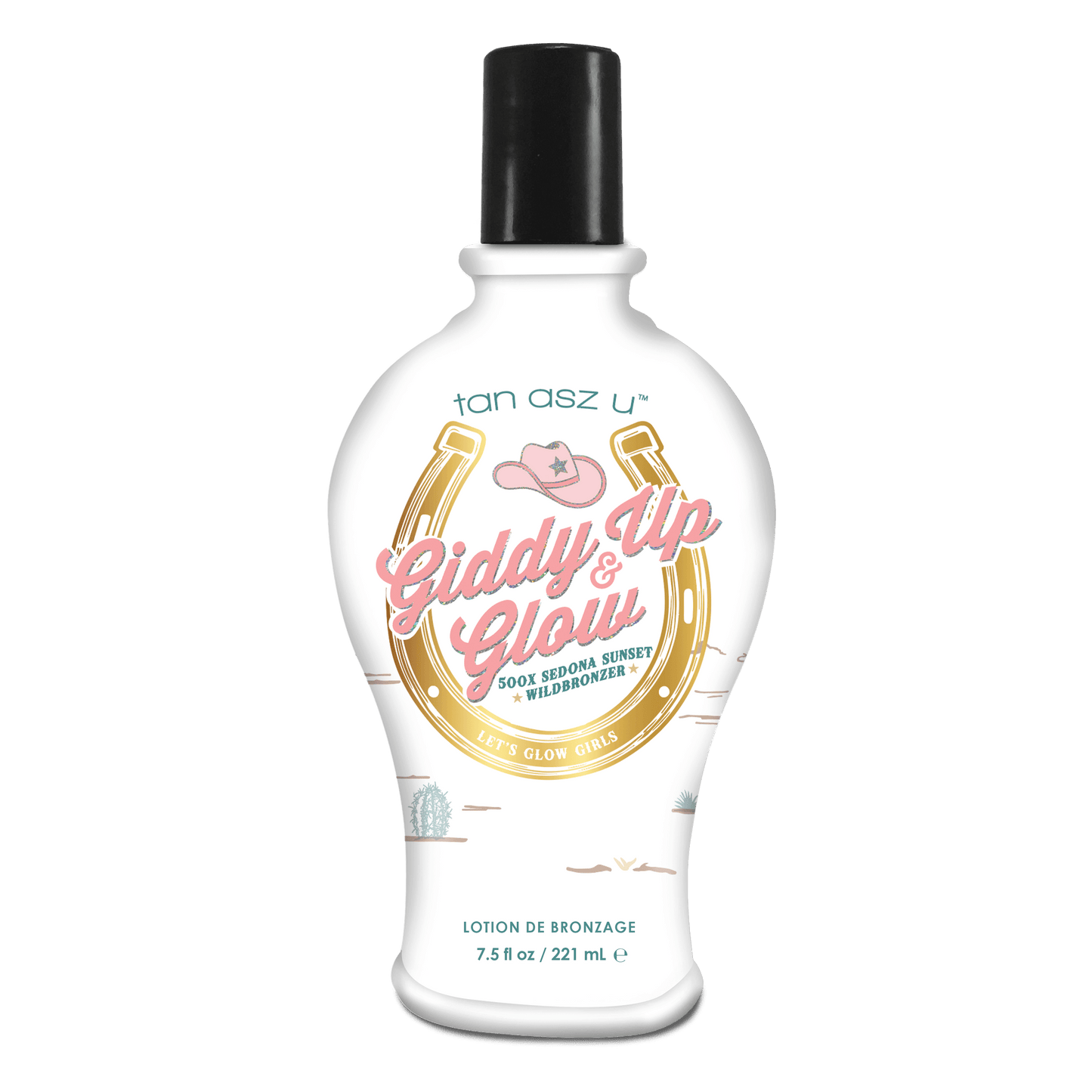 Tan Asz U Giddy Up & Glow solarium tanning cream in Sedona Sunset Wildbronzer with desert graphics and horseshoe design