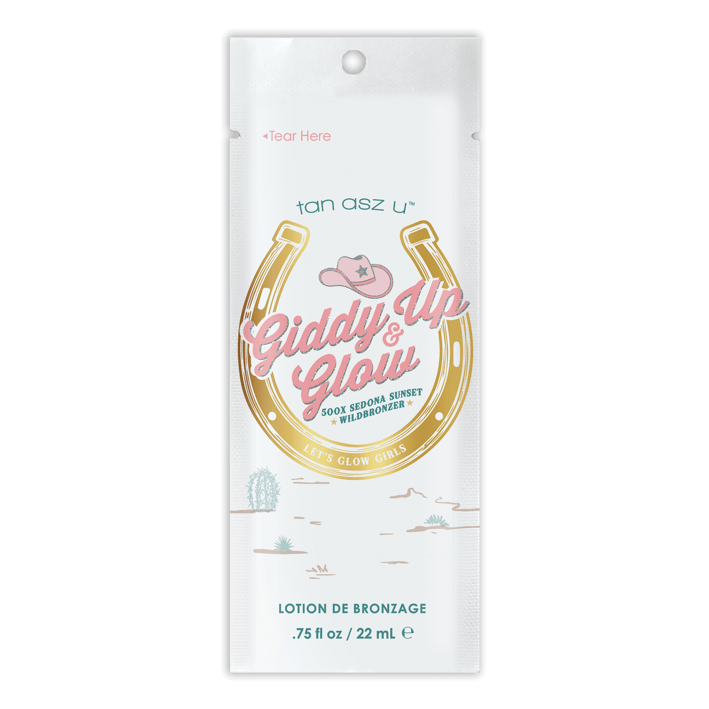 Tan Asz U Giddy Up & Glow 22ml solarium bronzer cream with wild rose extract in Western desert packaging