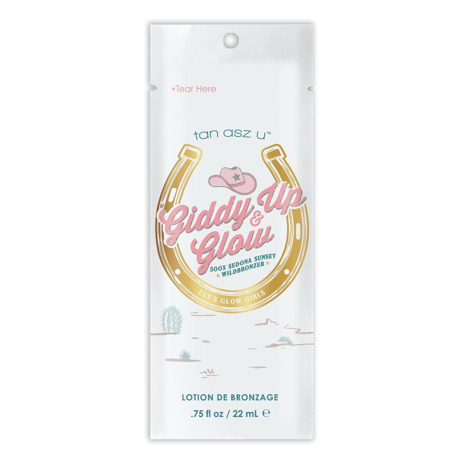 Tan Asz U Giddy Up & Glow 22ml solarium bronzer cream with wild rose extract in Western desert packaging