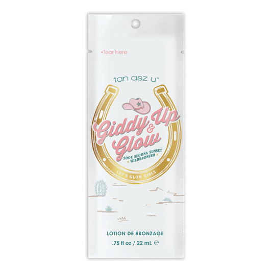 Tan Asz U Giddy Up & Glow 22ml solarium bronzer cream with wild rose extract in Western desert packaging