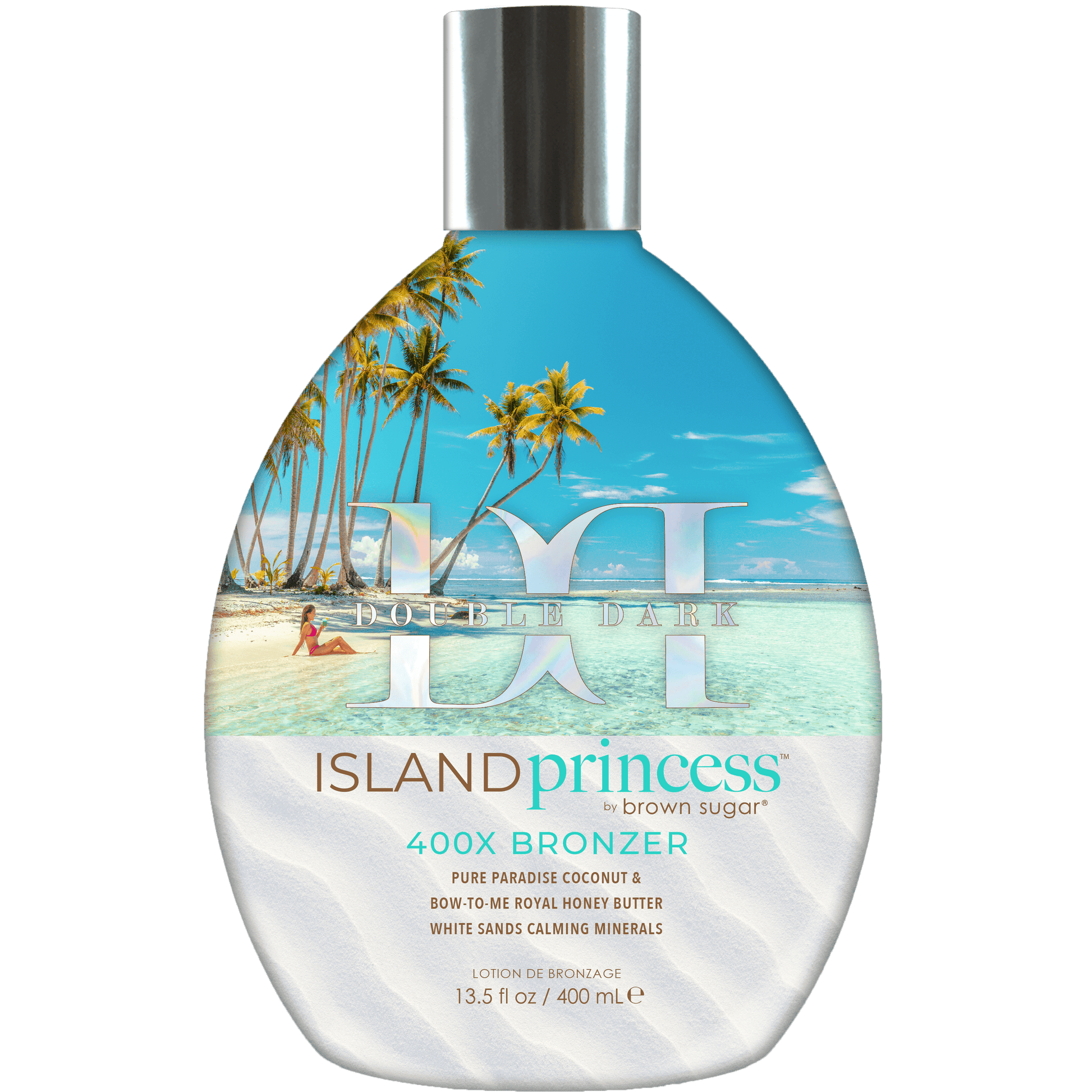 Cream for solarium Tan Inc Double Dark Island Princess 400X Bronzer, with coconut, queen honeybee milk, minerals. Tattoo protection. 400 ml
