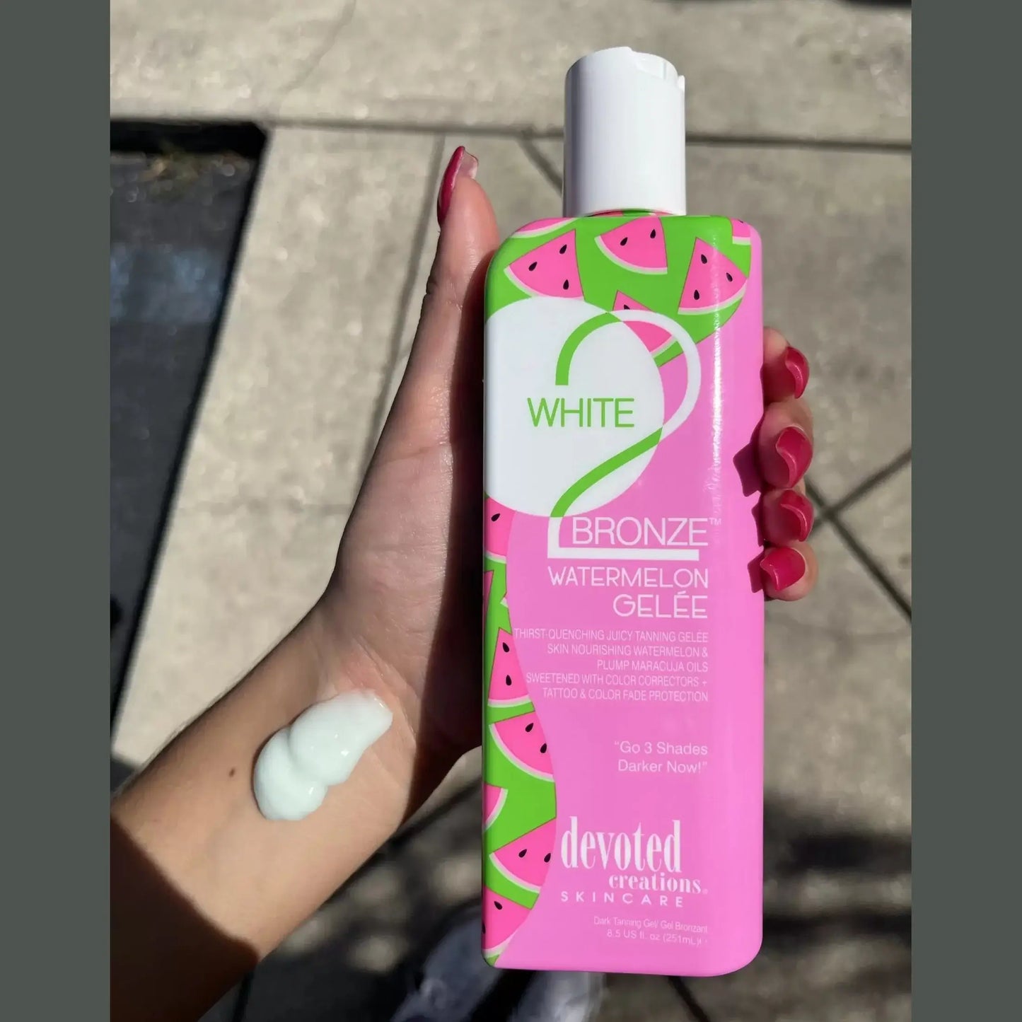 Devoted Creations White 2 Bronze Watermelon Gelée, Lightweight Dark Tanning Lotion, glowing tan, hydrated skin, 251 ml