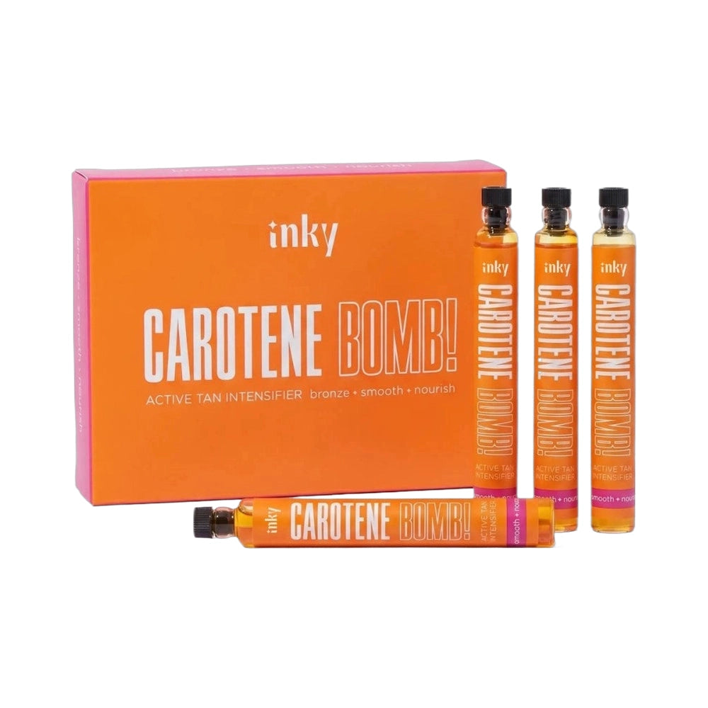 Packaging and four ampoules of Inky Carotene Bomb tan intensifier
