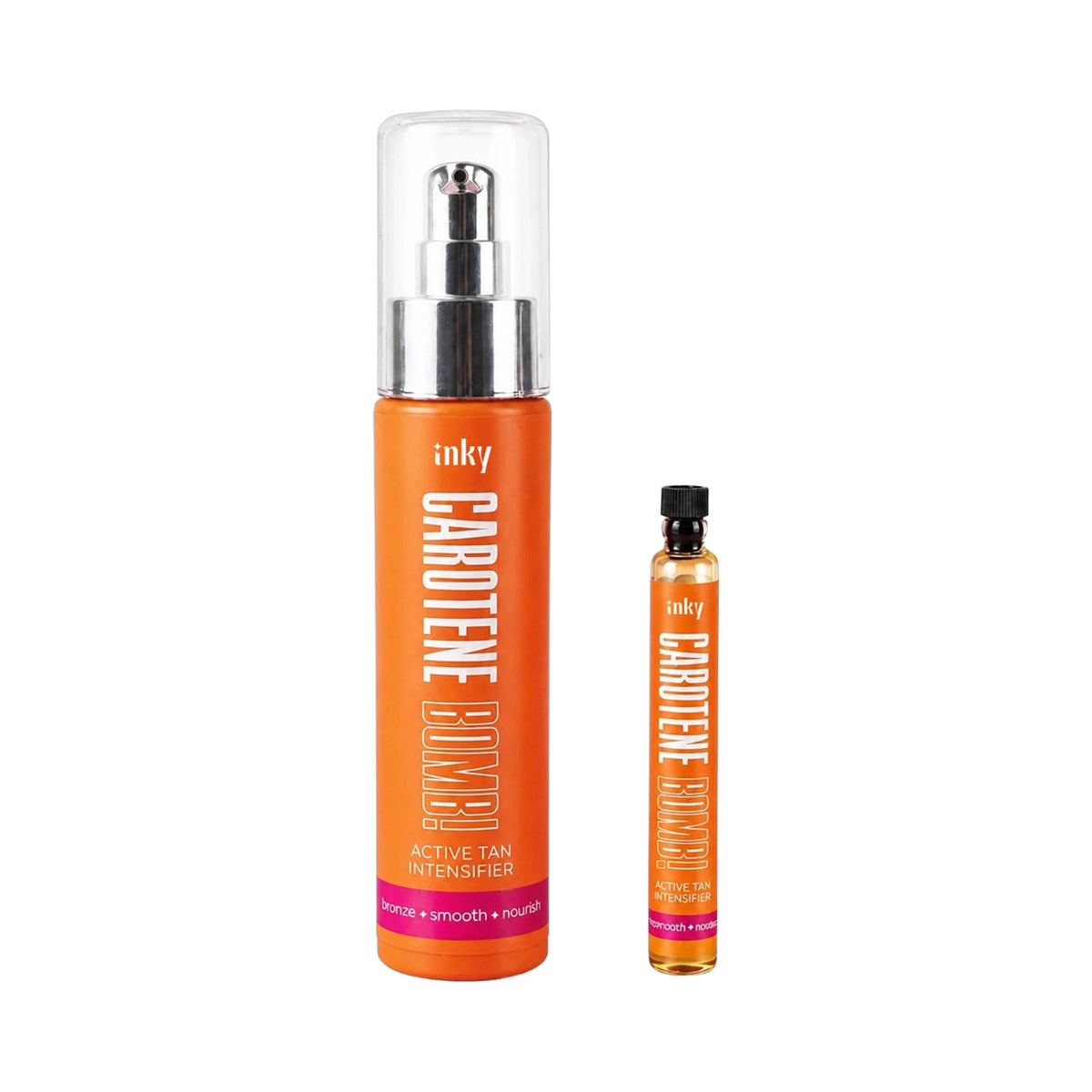 Inky Carotene Bomb tan intensifier bottle in wooden tanning bed