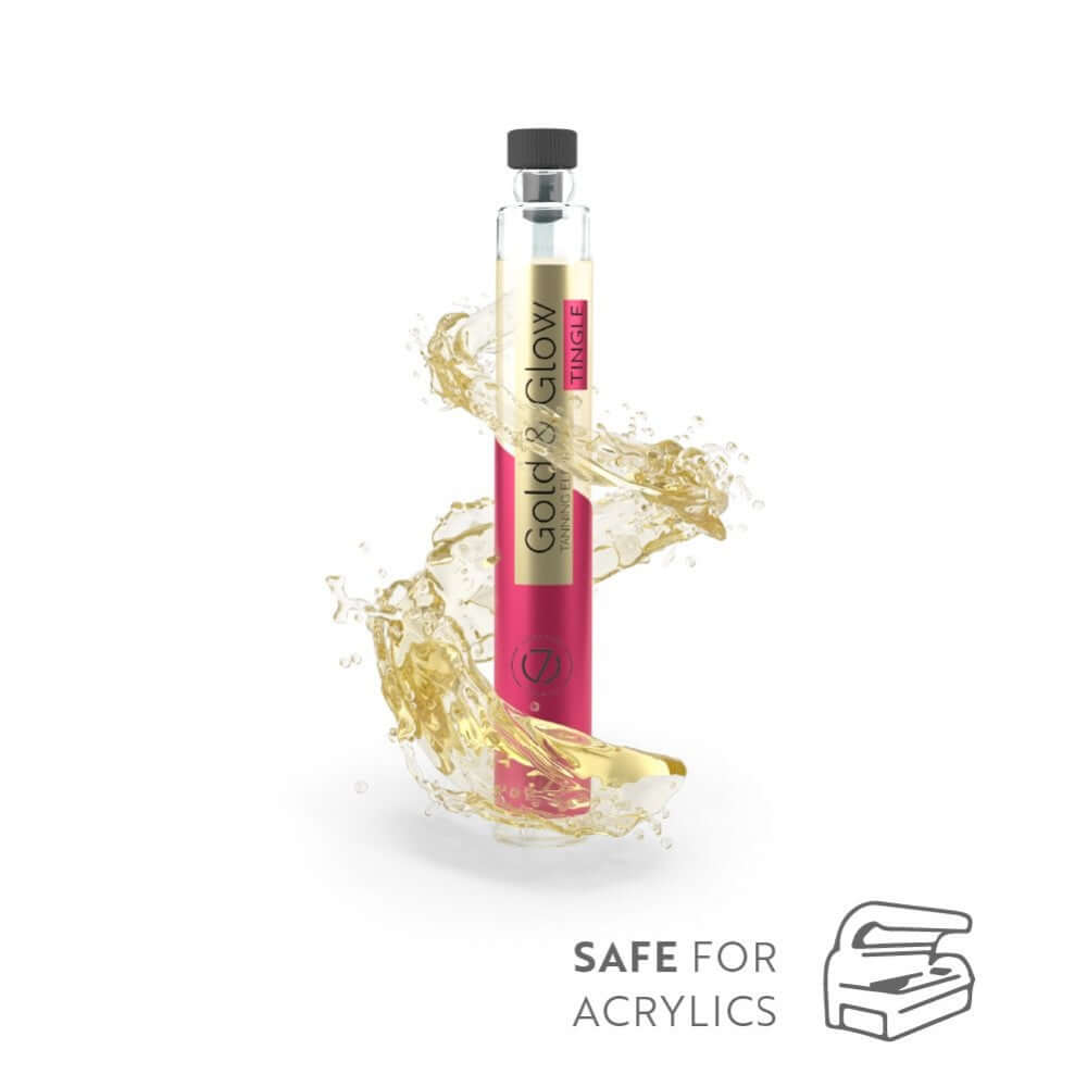 Single 7suns Gold & Glow Tingle tanning oil ampoule with splash