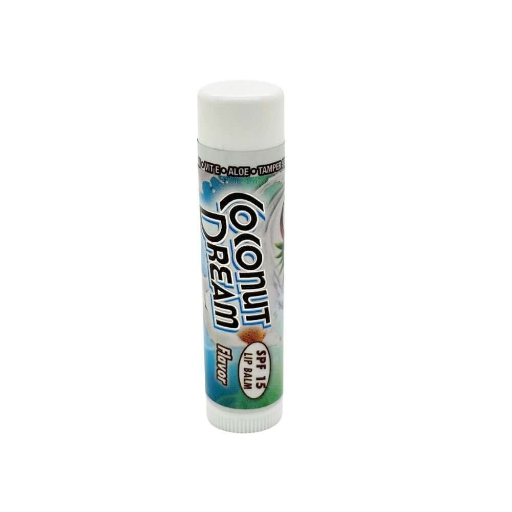 Close-up of Fiesta Sun Coconut Dream moisturizing lip balm tube