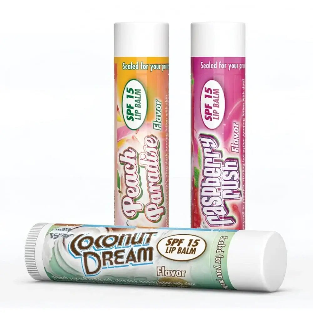 Variety pack of Fiesta Sun SPF 15 lip balms in Peach, Raspberry, and Coconut flavors