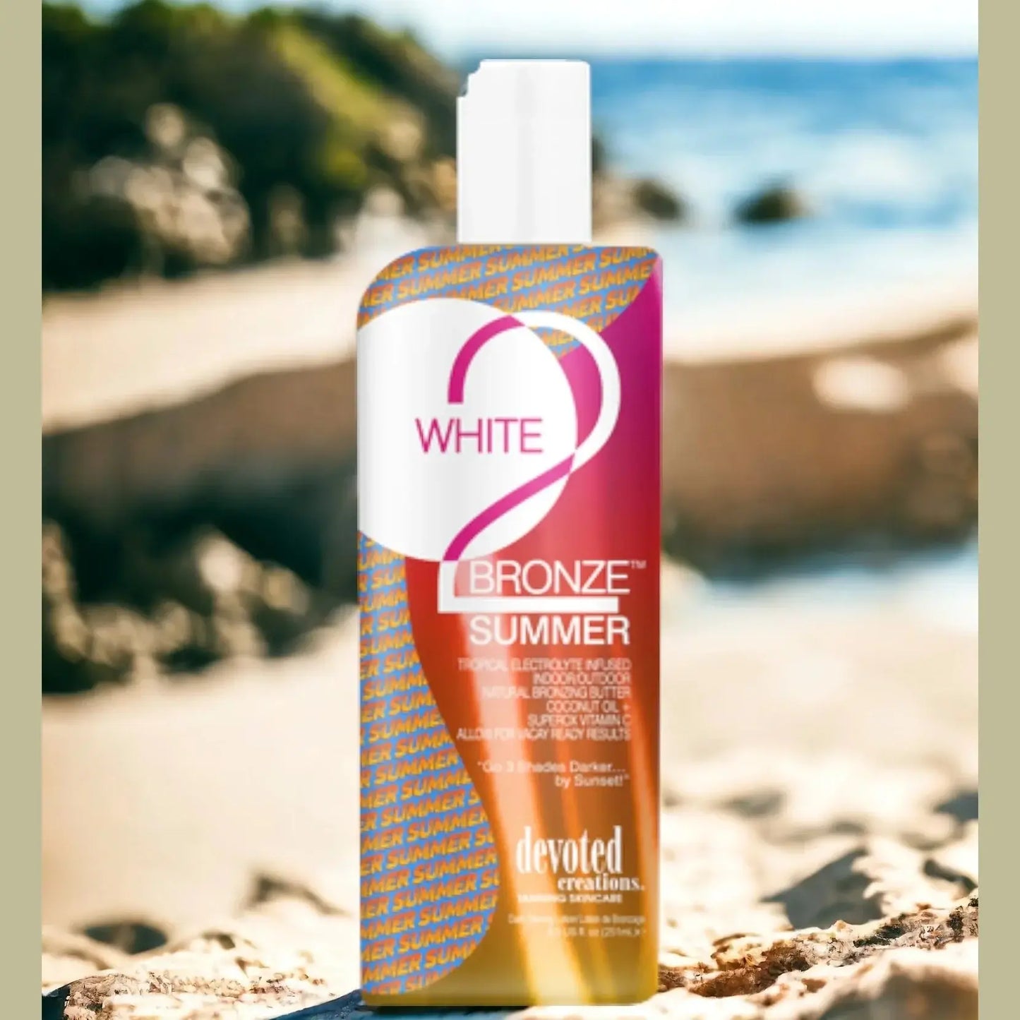 Lotion for solarium Devoted Creations White 2 Bronze Summer, Electrolyte Infused for tropical tan, 251 ml