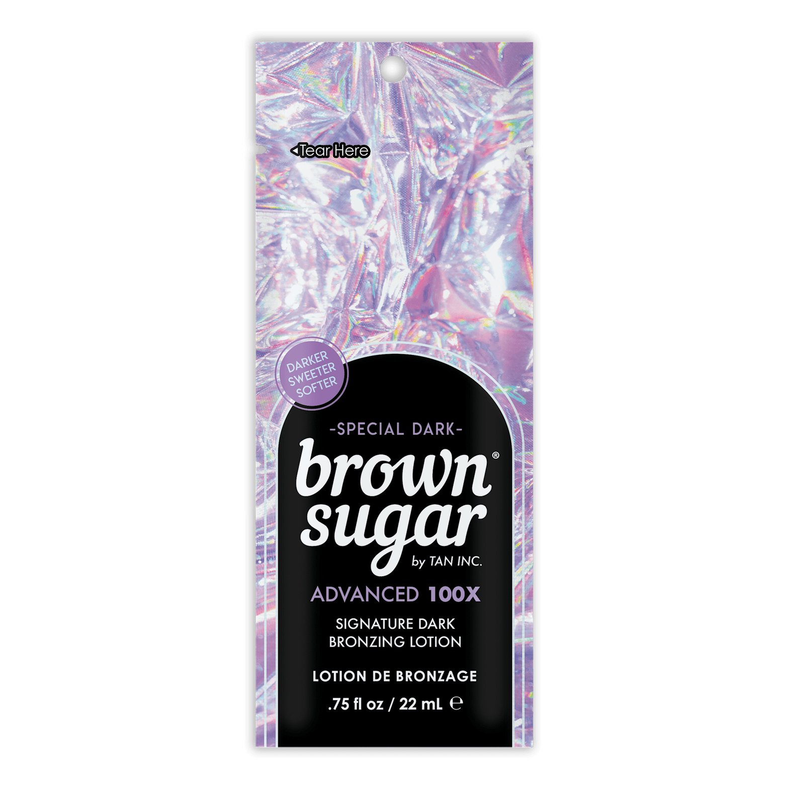 Tan Inc Special Dark Brown Sugar 100X bronzing lotion 22ml with holographic purple packaging