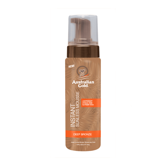 Australian Gold Deep Bronze self-tanning mousse, lightweight streak-free formula in brown pump bottle