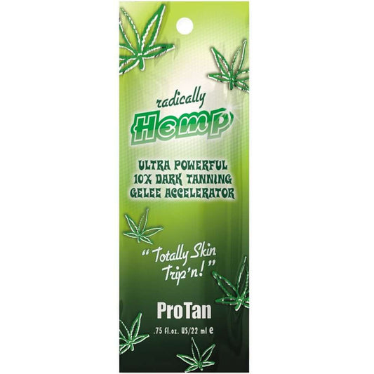 Pro Tan Solarium Accelerator Pro Tan Radically Hemp Gelee tag with green gradient and cannabis leaf design