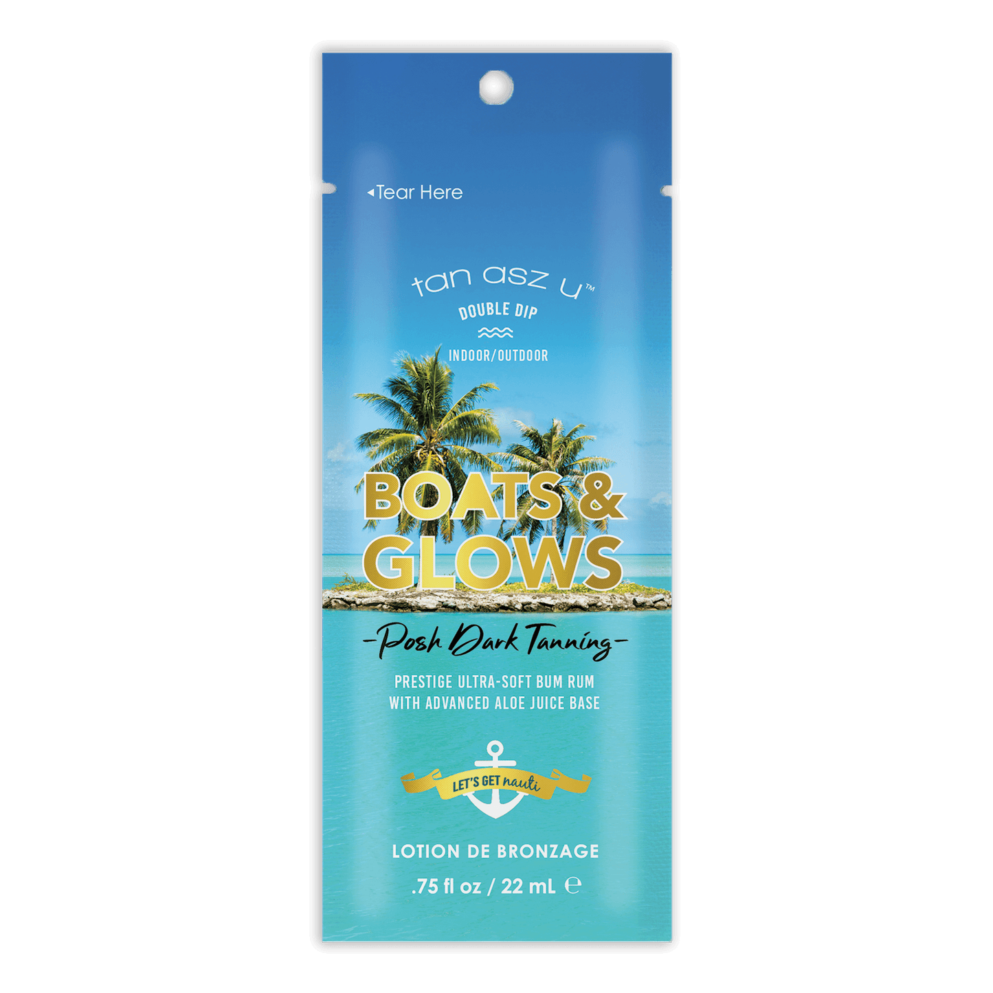 Tan Asz U Boats & Glows solarium accelerator lotion with aloe juice base in tropical packaging