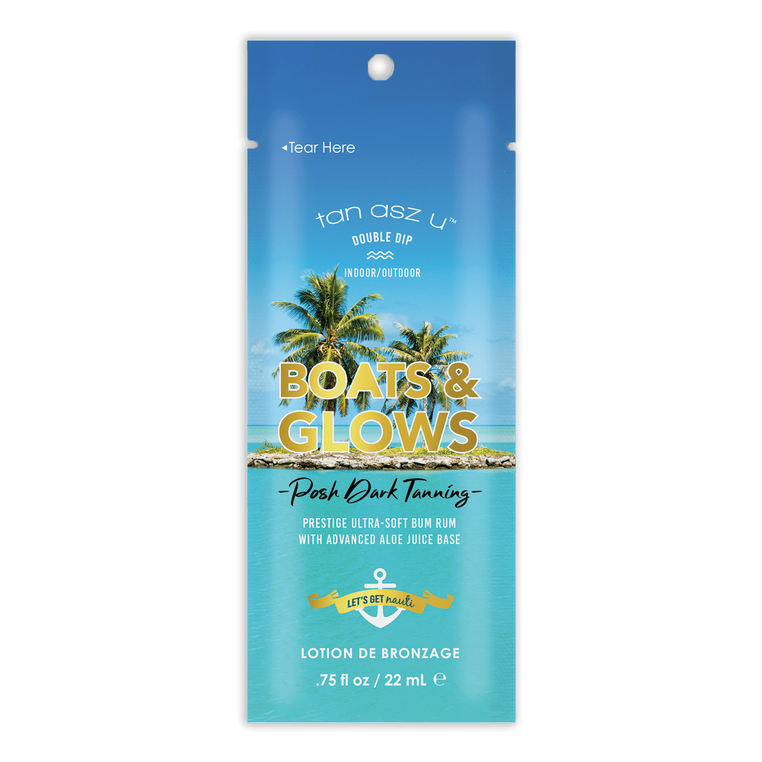 Tan Asz U Boats & Glows solarium accelerator lotion with aloe juice base in tropical packaging