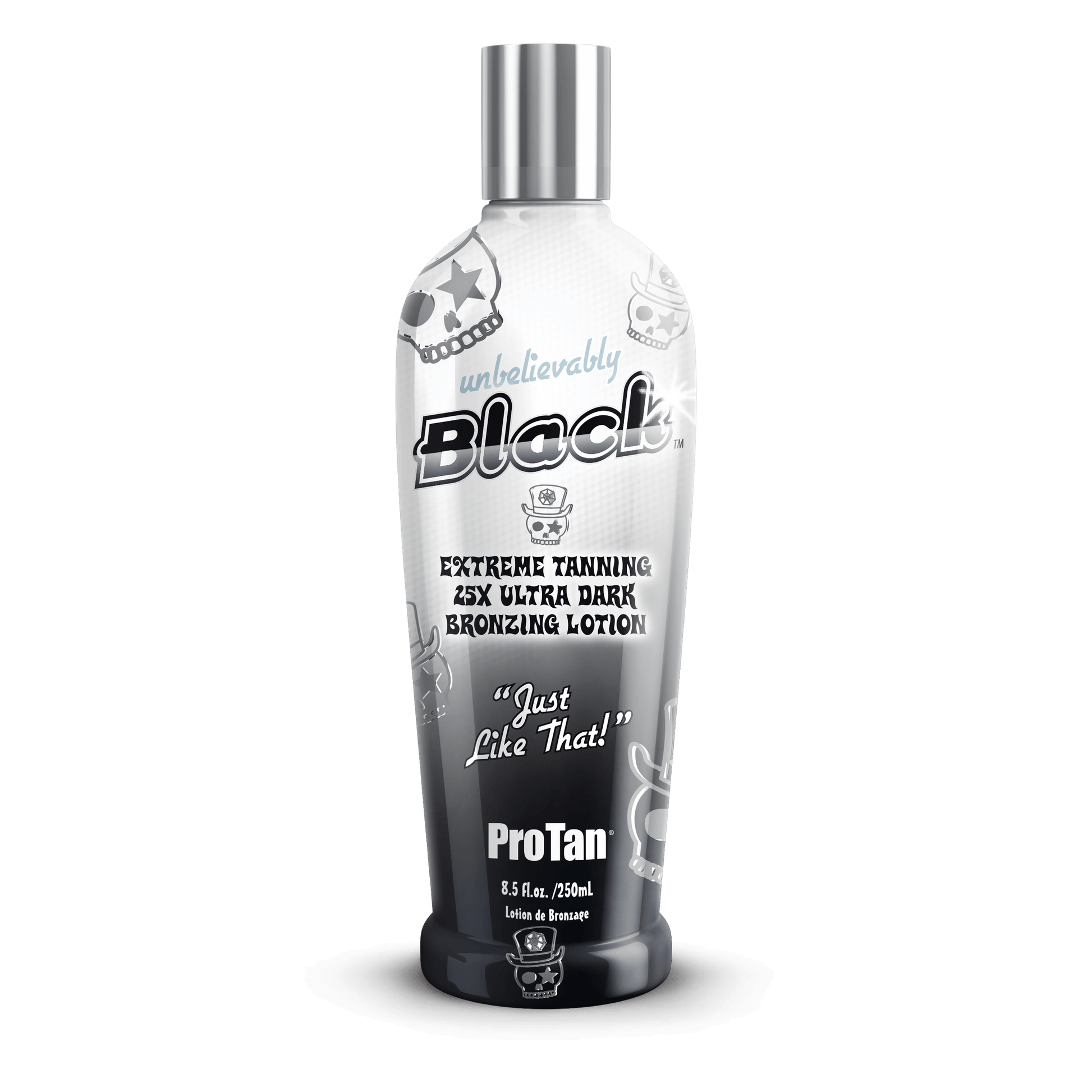 Pro Tan Unbelievably Black 250ml ultra dark bronzing lotion bottle with skull label design