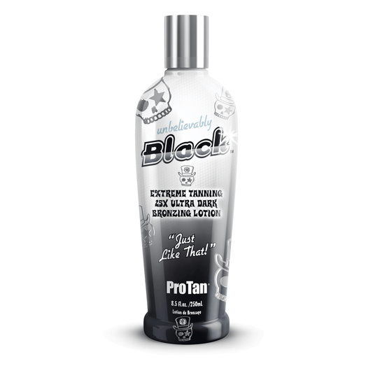 Pro Tan Unbelievably Black 250ml ultra dark bronzing lotion bottle with skull label design