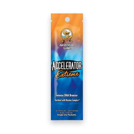 Australian Gold Accelerator Extreme single-use sachet, intense DHA bronzer with Biosine Complex for solarium tanning