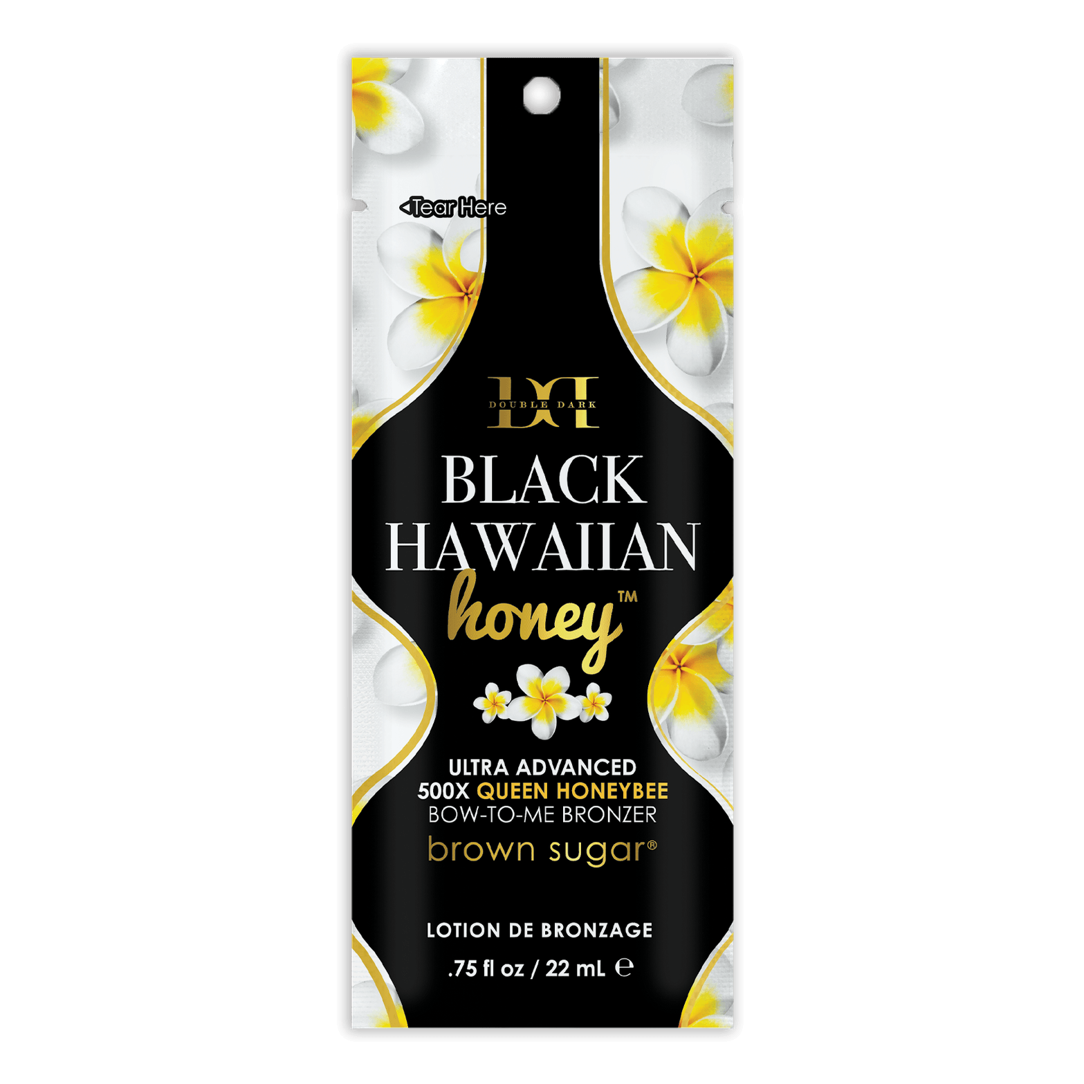 Brown Sugar Double Dark Black Hawaiian Honey solarium bronzer cream packaging with gold accents and plumeria flowers