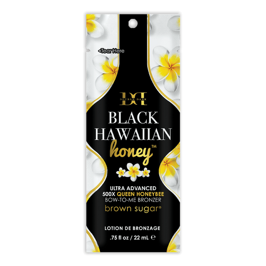 Brown Sugar Double Dark Black Hawaiian Honey solarium bronzer cream packaging with gold accents and plumeria flowers